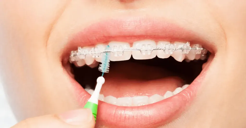 Close-up view of a person using an interdental brush to clean between metal braces brackets to prevent plaque buildup.