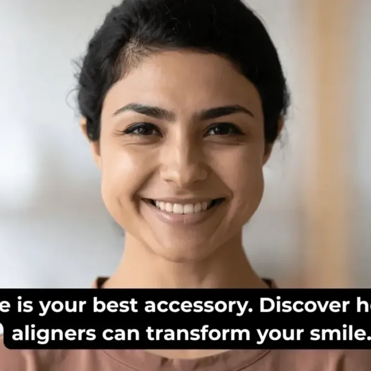 Young professional woman smiling confidently in an office setting, representing the benefits of clear aligners.