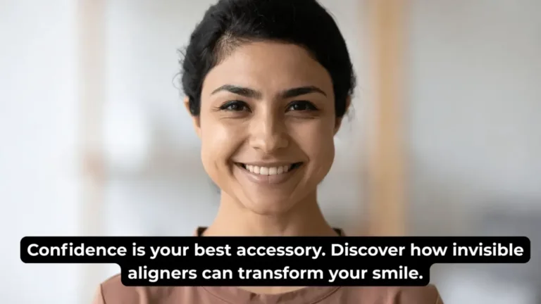 Young professional woman smiling confidently in an office setting, representing the benefits of clear aligners.