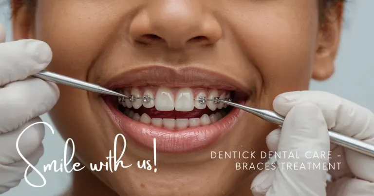 A confident patient smiling wearing orthodontic braces at Dentick Dental Care clinic.