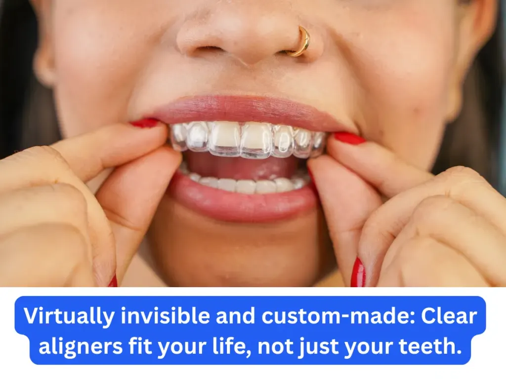 Close-up of a transparent clear aligner tray being inserted on top of teeth