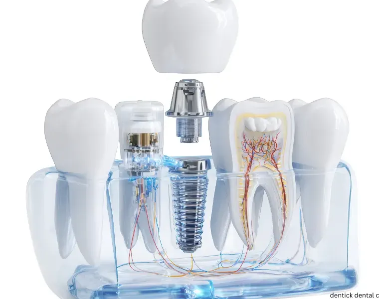 Cross-section of a dental implant showing the titanium screw, abutment, and porcelain crown.