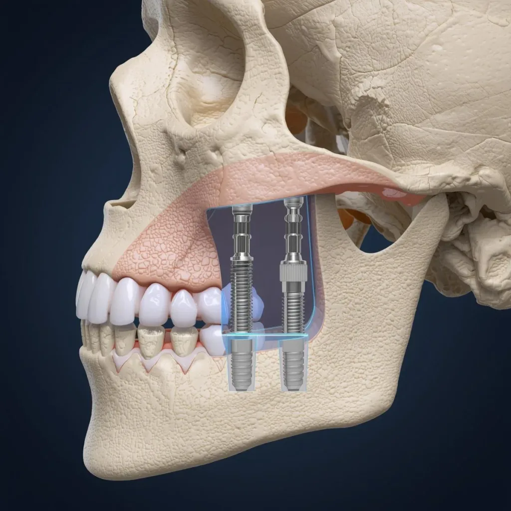 Zygomatic implants for patients with severe upper jawbone loss reaching the cheekbone area.