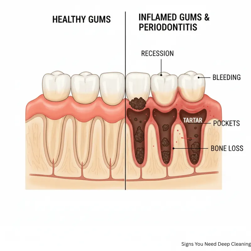 graphic showing healthy pink gums vs. inflamed, receding gums caused by periodontal disease.