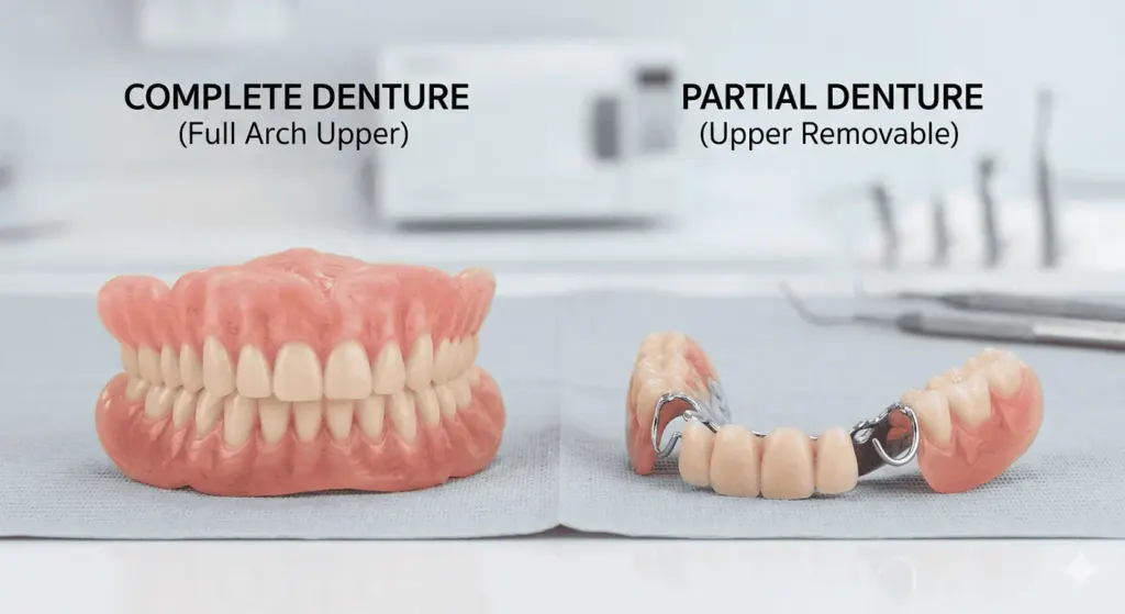 Comparison of complete and partial denture options for tooth replacement.