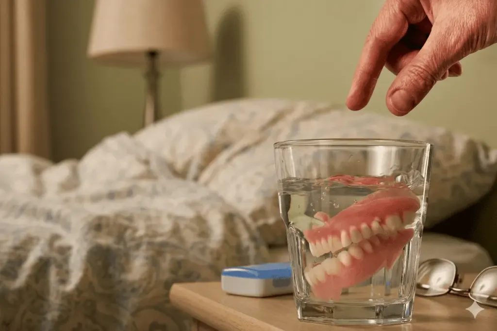 Proper denture care by soaking in water overnight.