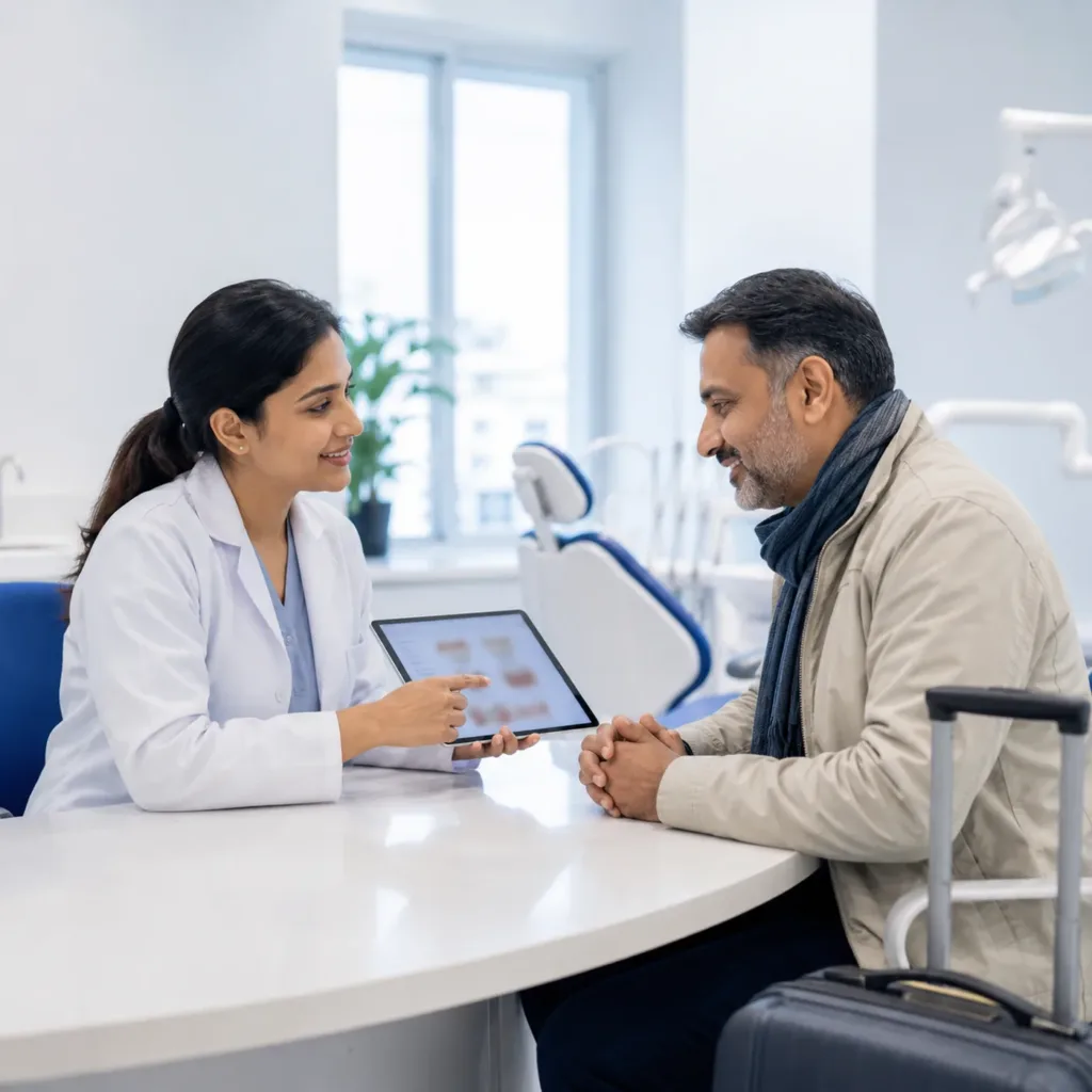 Dentist discussing a written treatment plan with an overseas patient at Dentick Dental Care, Bengaluru