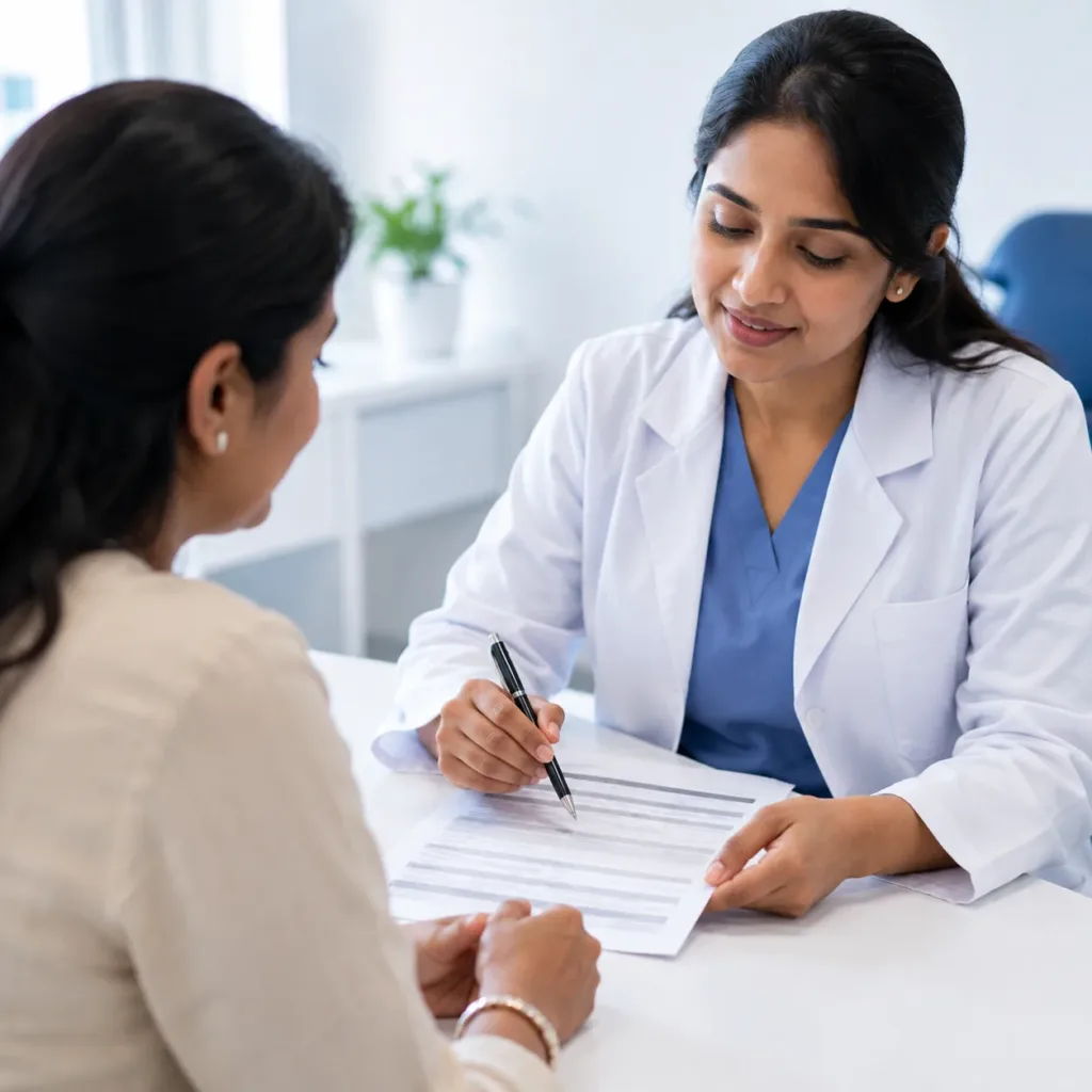 Dentist explaining a written treatment plan and its costs to a patient at Dentick Dental Care, Bengaluru