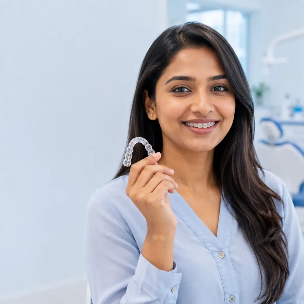 Adult wearing ceramic braces and holding a clear aligner tray at Dentick Dental Care, Bengaluru